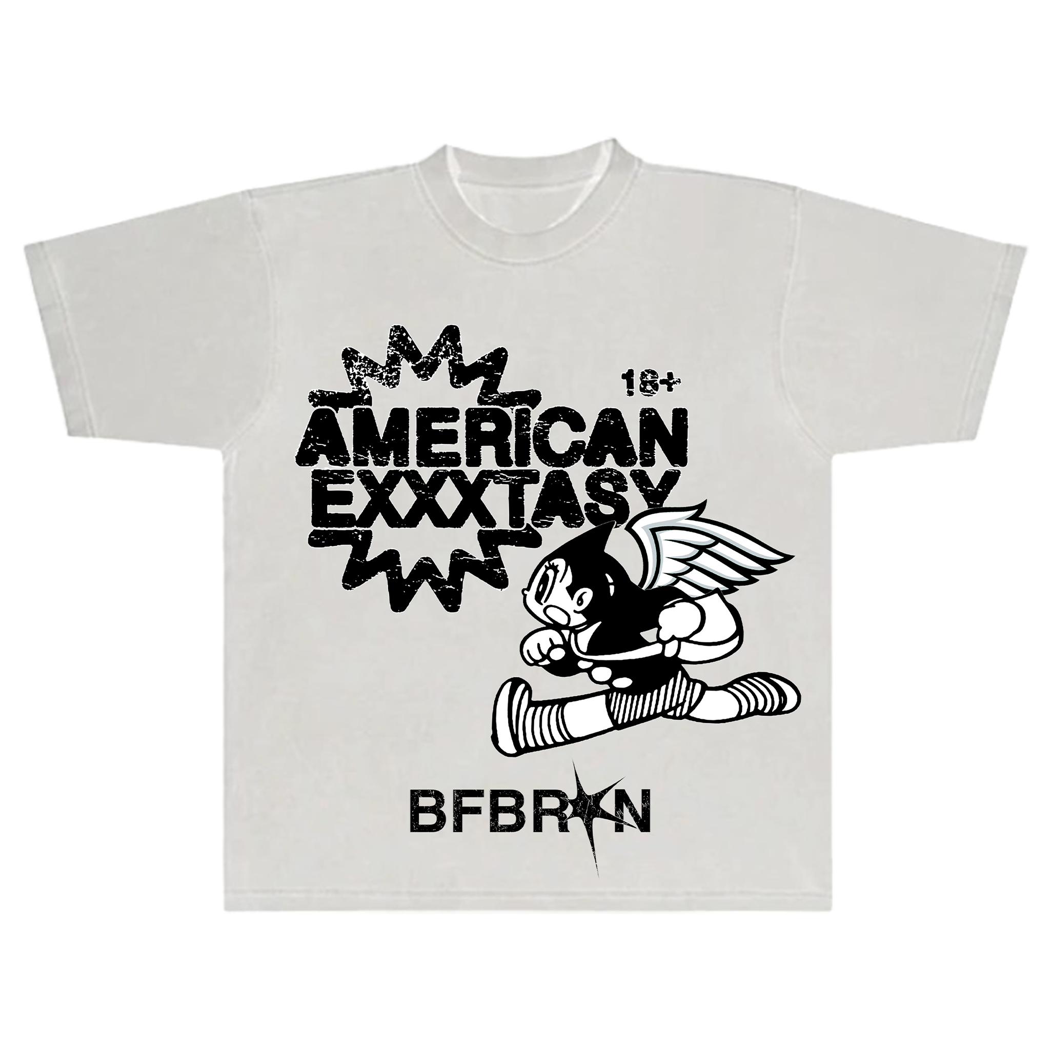 White t-shirt with black graphic design featuring text and a character on a white background